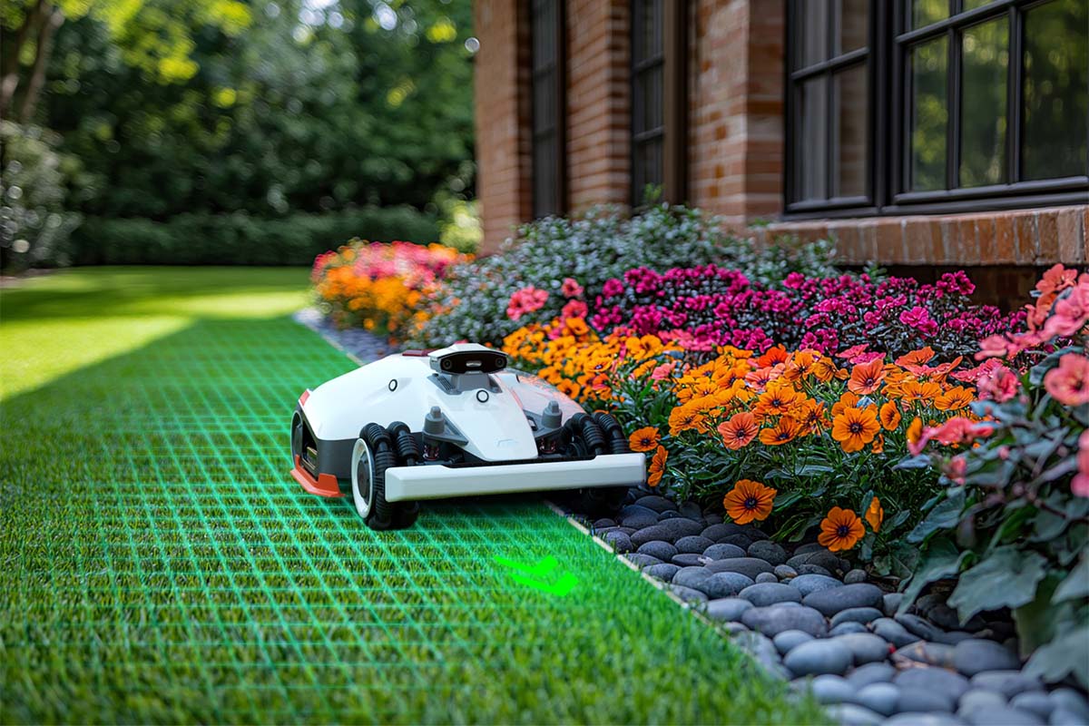 Robotická kosačka Mammotion Luba 2 AWD precízne kosí trávnik pozdĺž okrajov kvetinového záhonu, s virtuálnou navigáciou a ochranou pred poškodením rastlín.